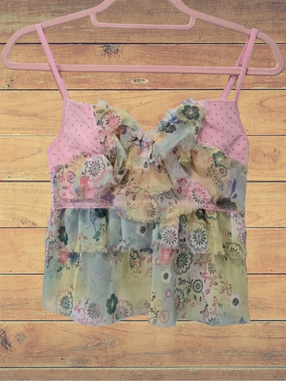 Necessary Objects Pink Floral Polka Dot Sheer Fairycore Bra Top Ruffle Tier NWT - Picture 7 of 12